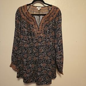 J. Jill PureJill Womens Navy Blue Twill Embroidered V-Neck Tunic Blouse Top XL